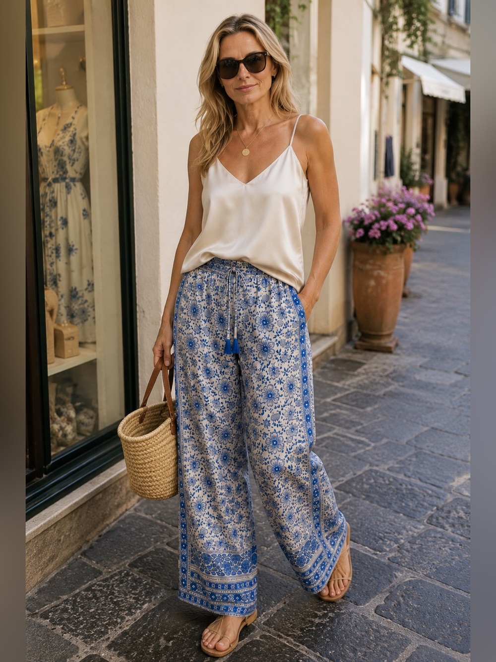 Calypso Blue & White Floral Silk Blend Lounge Pants – Size S